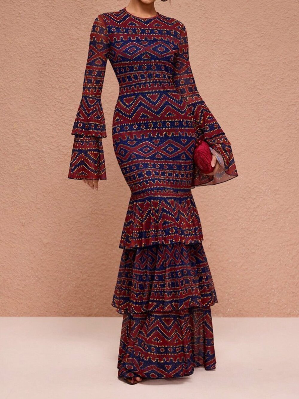 Multicolor Elegant Women's Boho Mesh Maxi Dress with Tiered Flared Sleeves - Picture 7 of 7